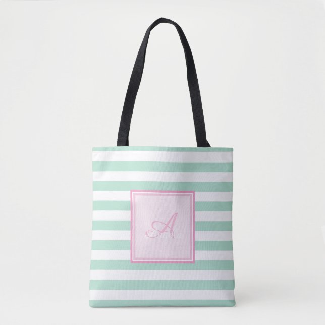 Girly Mint Green Striped, Monogram Personalisiert (Vorderseite)