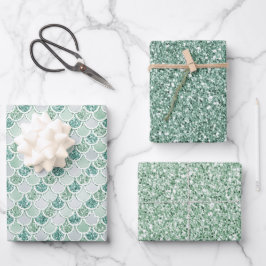 Girly Mint Pearl Mermaid Glitzer Geschenkpapier Set