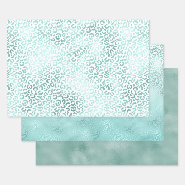 Girly Mint White Glam Ombre Leopard Print Geschenkpapier Set (Set)