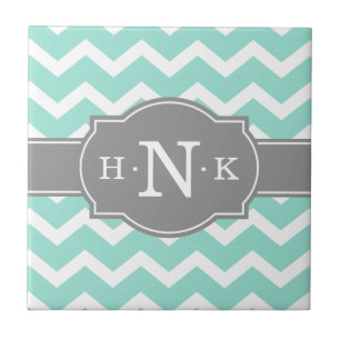 Girly Mint Zickzack Gray Monogram Fliese