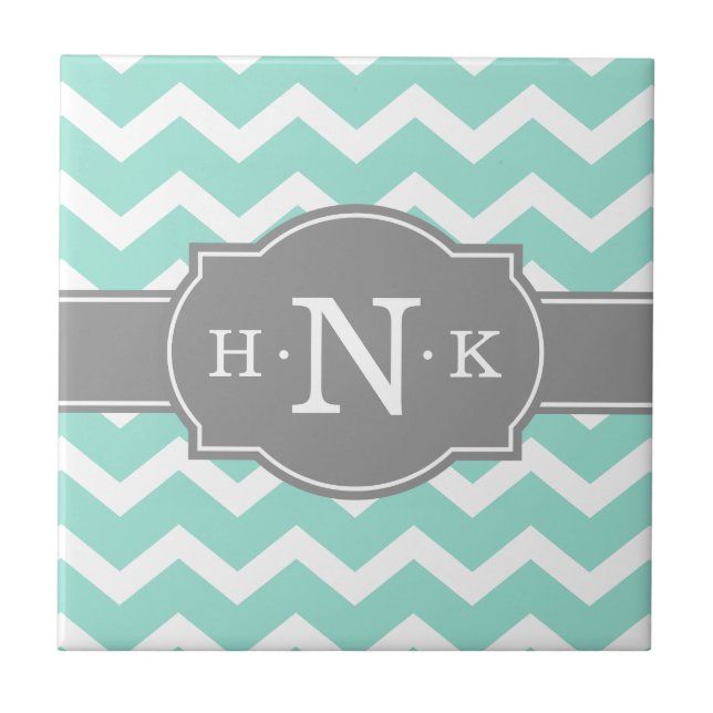 Girly Mint Zickzack Gray Monogram Fliese (Vorderseite)