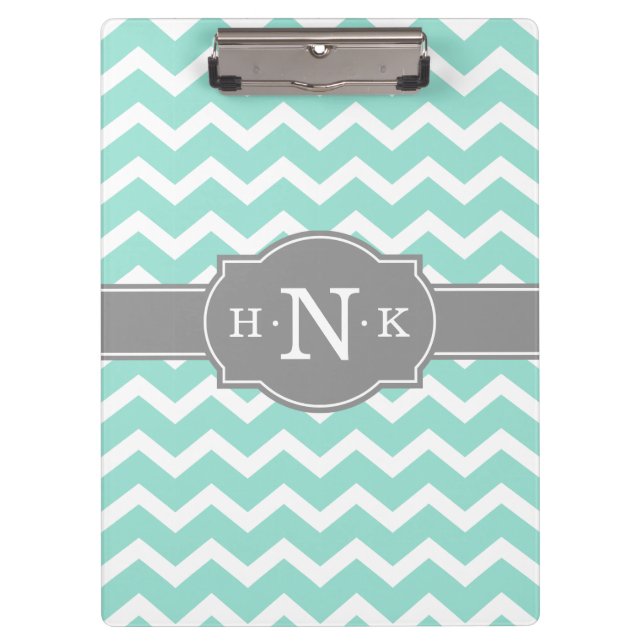 Girly Mint Zickzack Gray Monogram Klemmbrett (Vorderseite)