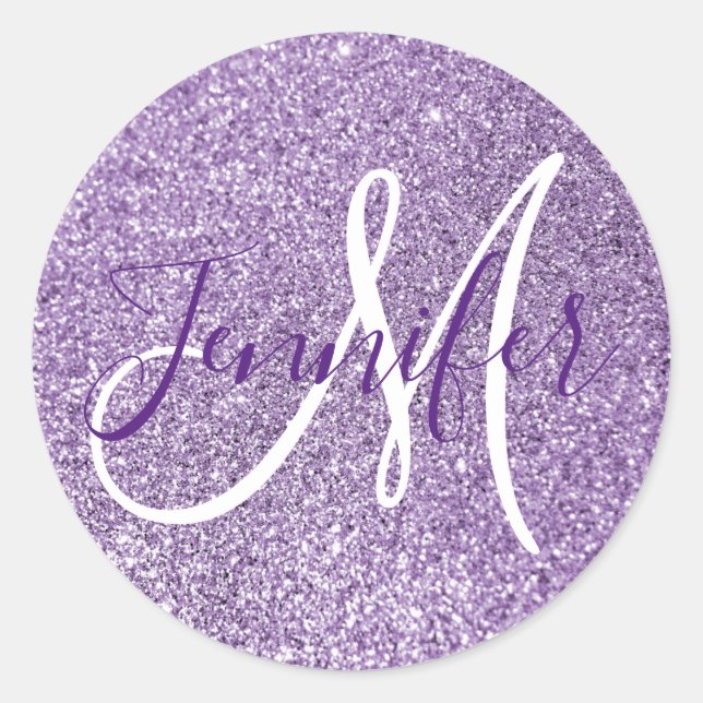 Girly Mit Monogramm Imitats Amethyst Glitzer Runder Aufkleber (Vorderseite)