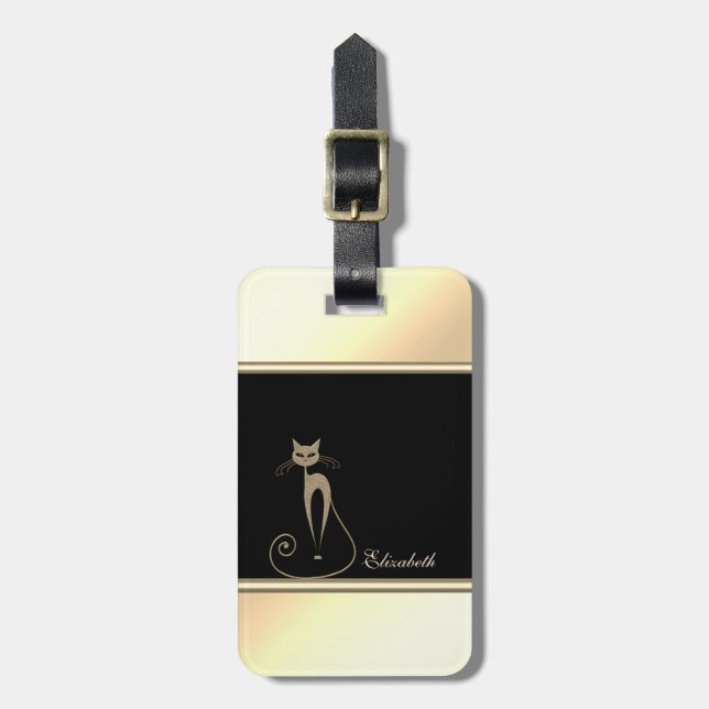 Girly Modern Black,Gold,Cat-Personalisiert Gepäckanhänger (Vorderseite vertikal)