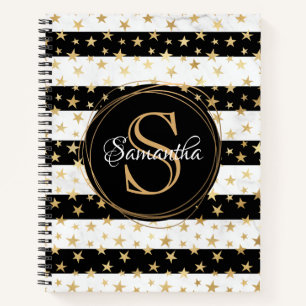 Girly Modern Black Stripe Gold Stars Monogram Notizbuch