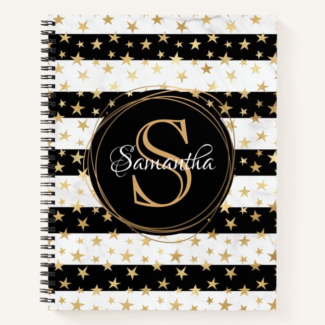Girly Modern Black Stripe Gold Stars Monogram Notizbuch (Vorderseite)