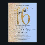 Girly Modern Blue Gold Glitzer Ombre Sweet 16 Einladung<br><div class="desc">Diese hübsche 16 . Geburtstag-Geburtstagsfeier lädt zum Verweilen bei einer jungen Teenagertochter ein. Es verfügt über ein Imitat gedruckt funkelnd Gold Glitzer groß, "16", auf einem einfachen pastellfarbenen Gelassenheit blau und Imitate Gold Glitzer seitwärts Gradienten ombre Hintergrund. Es ist einfach, einzigartig, modern, hübsch und elegant! ***WICHTIGE HINWEIS FÜR DESIGN: Für...</div>