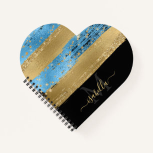 Girly Modern Blue Gold Glitzer Script Monogram Notizbuch