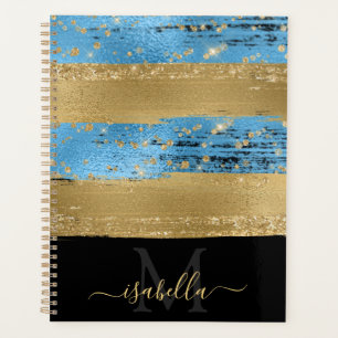 Girly Modern Blue Gold Glitzer Script Monogram Planer