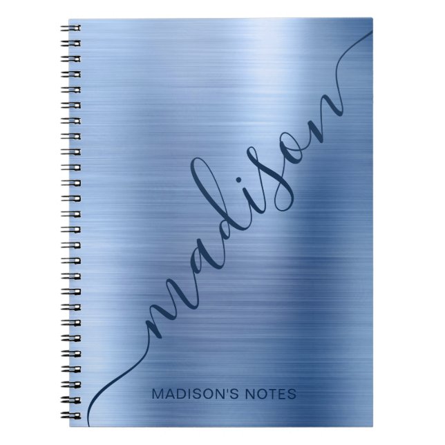 Girly Modern Blue Metal Monogram Signature Script Notizblock (Vorderseite)