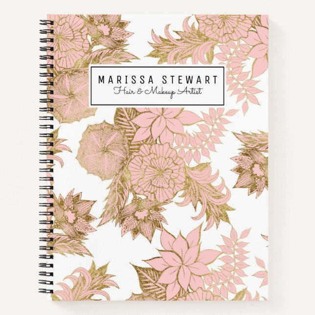 Girly Modern Blush Pink White Gold Floral Notizbuch (Vorderseite)