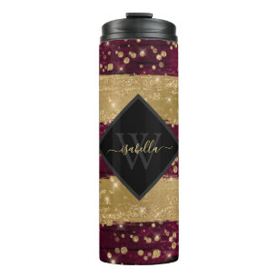 Girly Modern Burgundy Gold Glitzer Script Monogram Thermosbecher