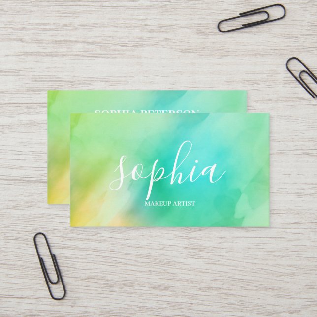 Girly Modern Calligraphy Script Bright Watercolor Visitenkarte (Vorderseite/Rückseite Beispiel)