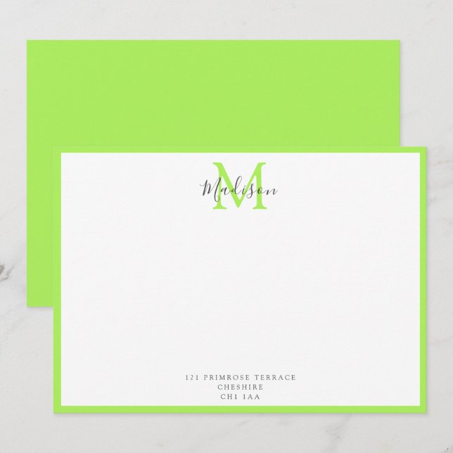 Girly Modern Lime Green Calligrafy Monogram Not Mitteilungskarte (Vorne/Hinten)