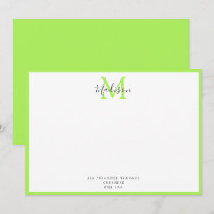Girly Modern Lime Green Calligrafy Monogram Not Mitteilungskarte