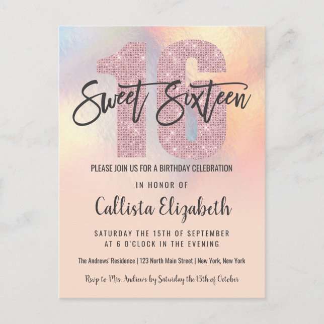 Girly Modern Peach Iridescent Foil Ombre Sweet 16 Einladungspostkarte (Vorderseite)