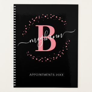 Girly Modern Pink Black Name Script Mit Monogramm  Planer