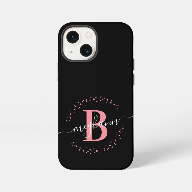 Girly Modern Pink Black Name Script Monogrammed iPhone Hülle (Rückseite)