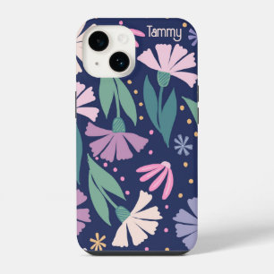 Girly Modern Pink Blume iPhone Case Navy Blau 14 Hülle
