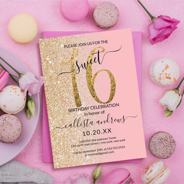 Girly Modern Pink Gold Glitzer Ombre Sweet 16 Einladung (Von Creator hochgeladen)