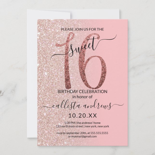 Girly Modern Pink Rose Gold Glitzer Ombre Sweet 16 Einladung (Vorderseite)