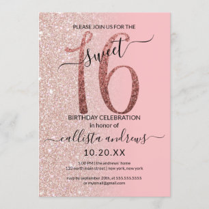 Girly Modern Pink Rose Gold Glitzer Ombre Sweet 16 Einladung