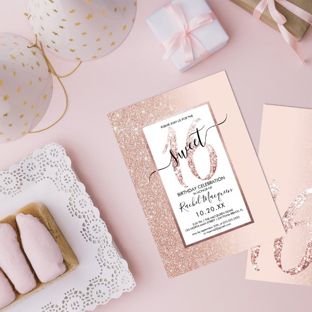 Girly Modern Pink Rose Gold Glitzer Ombre Sweet 16 Einladung (Von Creator hochgeladen)