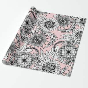 Girly Modern Pink Schwarz-weiße Blumenzeichnungen Geschenkpapier