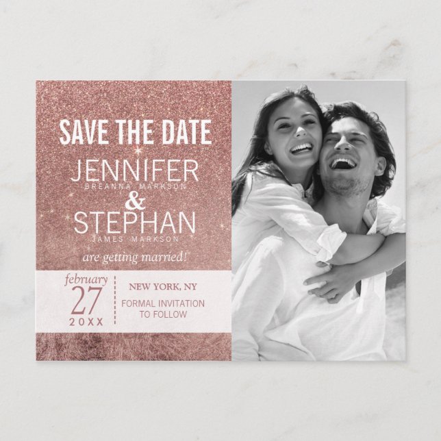 Girly Modern Rose Gold Glitzer Foil Save the Date Ankündigungspostkarte (Vorderseite)