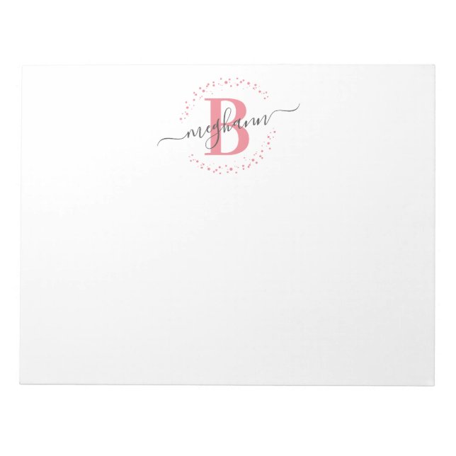 Girly Modern White Pink Name Script Mit Monogramm Notizblock (Vorderseite)