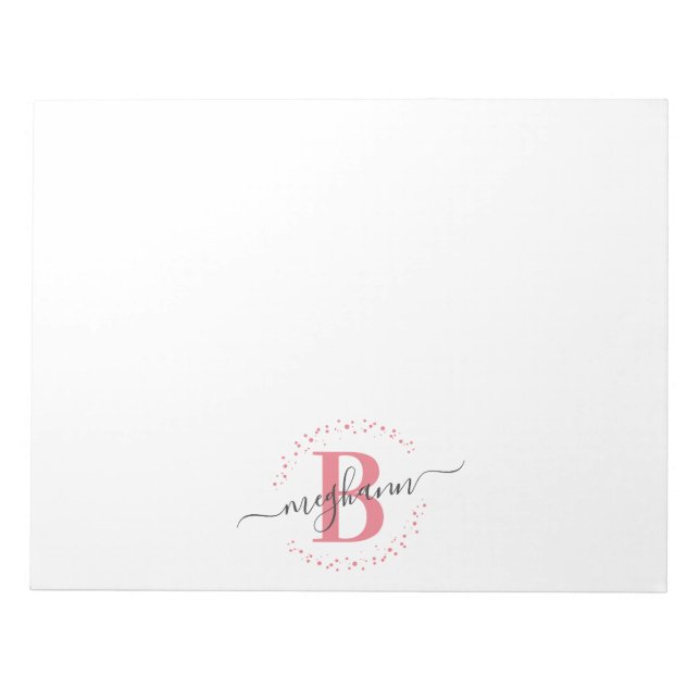 Girly Modern White Pink Name Script Mit Monogramm Notizblock (Vorderseite)