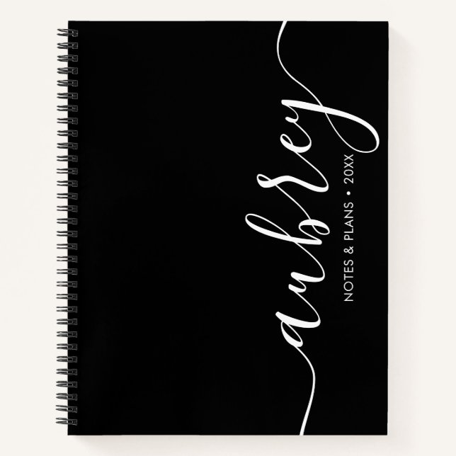 Girly Monogram Calligraphy Black Notizbuch (Vorderseite)