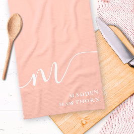 Girly Monogram Calligraphy Coral Blush Pink Geschirrtuch