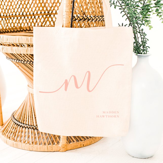 Girly Monogram Calligraphy Coral Blush Pink Tragetasche (Von Creator hochgeladen)