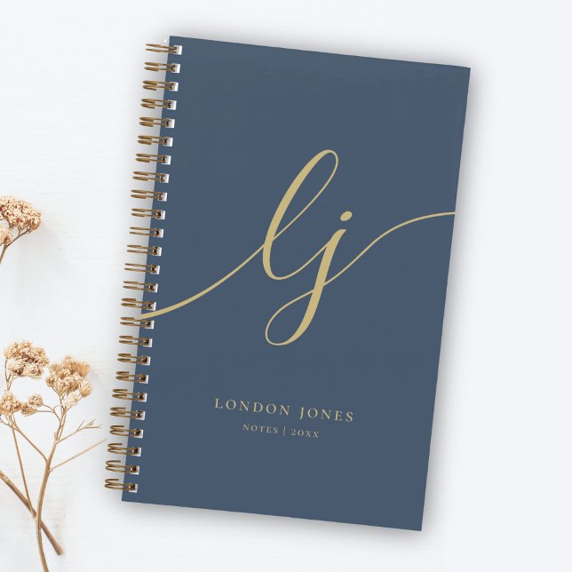 Girly Monogram Calligraphy Initials Navy Gold Notizbuch (Von Creator hochgeladen)