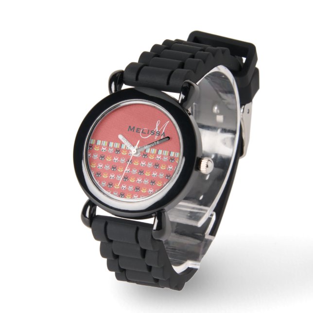 Girly Monogram Floral Pattern auf Korallenrot Armbanduhr (Winkel)