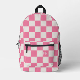 Girly Monogram Initial & Bright Pink Checkerboard Bedruckter Rucksack