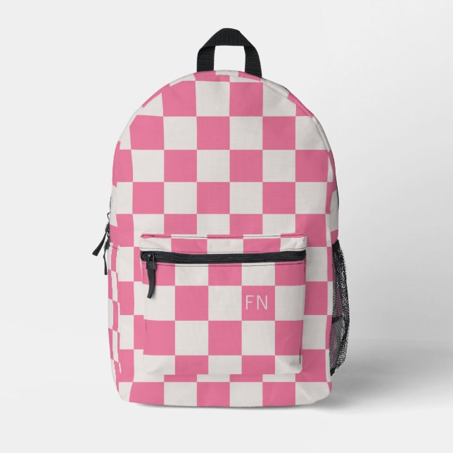 Girly Monogram Initial & Bright Pink Checkerboard Bedruckter Rucksack (Vorderseite)