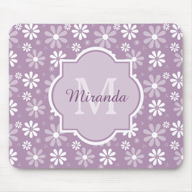 Girly Monogram Light Lila Daisy Blume und Name Mousepad (Vorne)