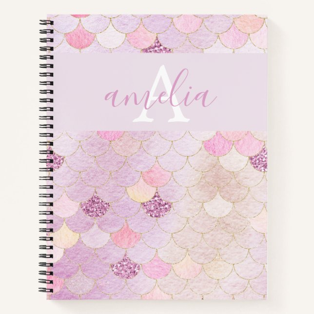 Girly Monogram Mermaid Scales Iridescent Notizbuch (Vorderseite)
