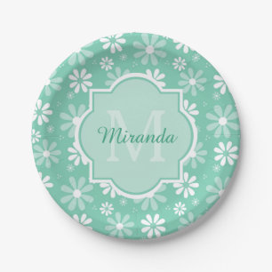 Girly Monogram Minze White Daisy Blume mit Namen Pappteller