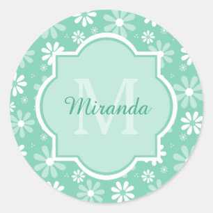Girly Monogram Minze White Daisy Blume mit Namen Runder Aufkleber