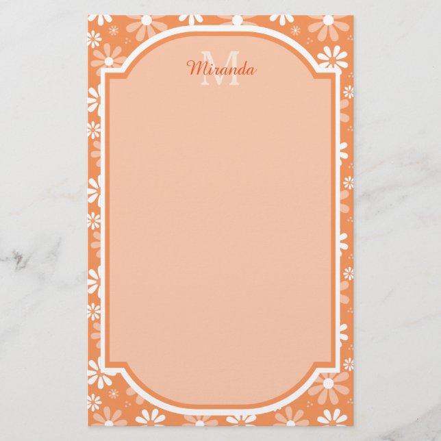 Girly Monogram Niedlich Orange Daisy Blume und Nam Briefpapier (Vorderseite)