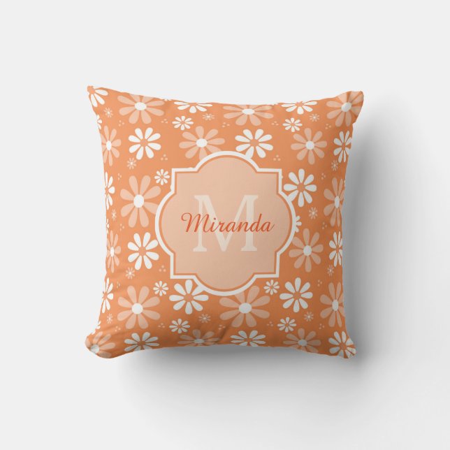 Girly Monogram Niedlich Orange Daisy Blume und Nam Kissen (Vorderseite)