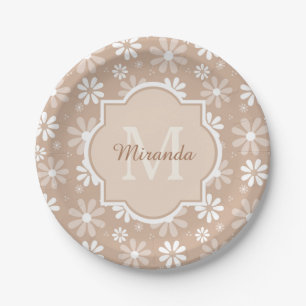 Girly Monogram Niedlich Tan Daisy Blume und Name Pappteller