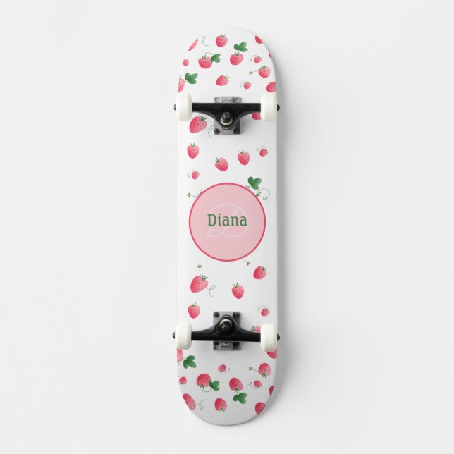 Girly Monogram niedliche Erdbeeren mit Namen Skateboard (Vorderseite)
