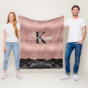Girly Monogram Rose Gold Leopard und Black Marmor Fleecedecke