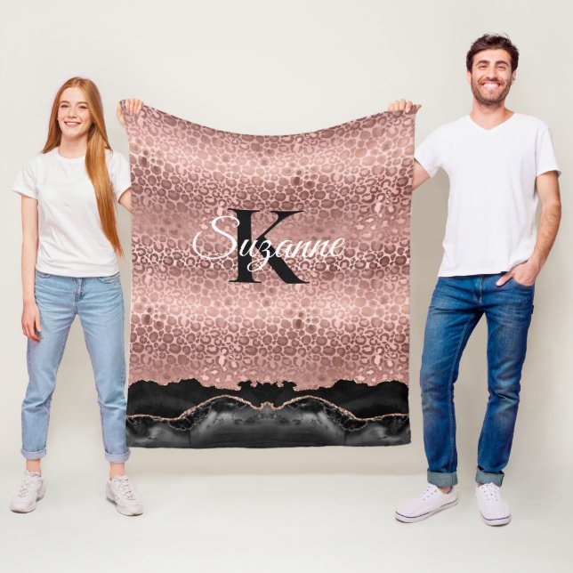 Girly Monogram Rose Gold Leopard und Black Marmor Fleecedecke (Beispiel)