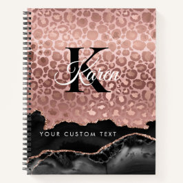 Girly Monogram Rose Gold Leopard und Black Marmor Notizbuch