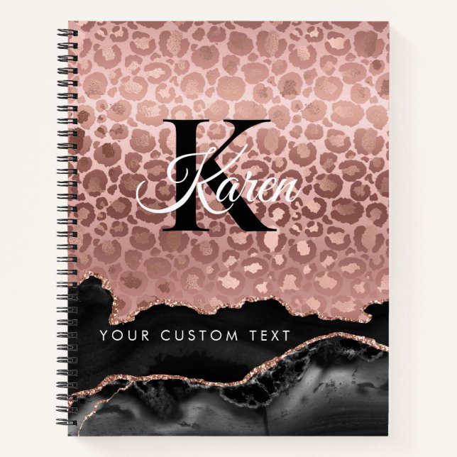 Girly Monogram Rose Gold Leopard und Black Marmor Notizbuch (Vorderseite)